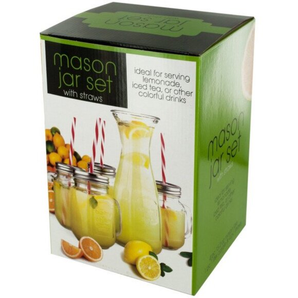 Mason Jar & Carafe Beverage Set with Straws - Picture 2 of 3
